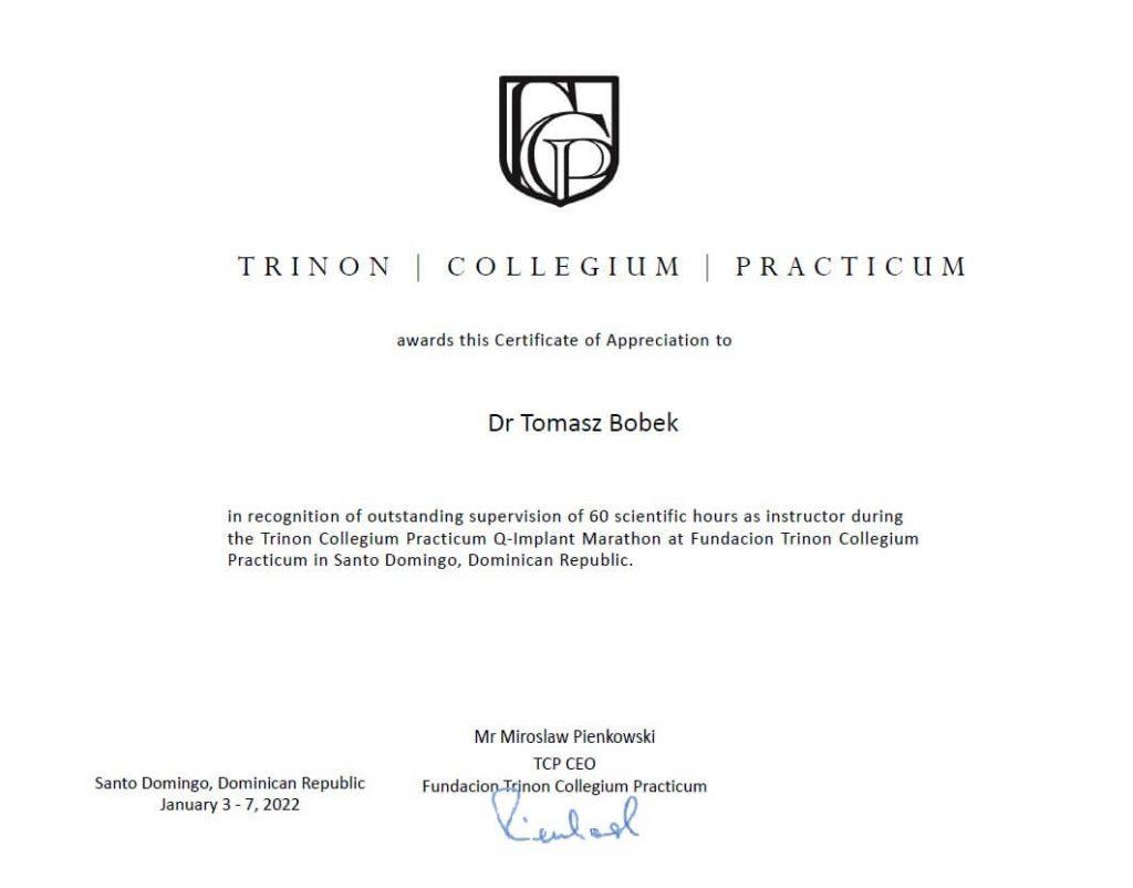 Tomasz Bobek kurs implantologiczny, certyfikat