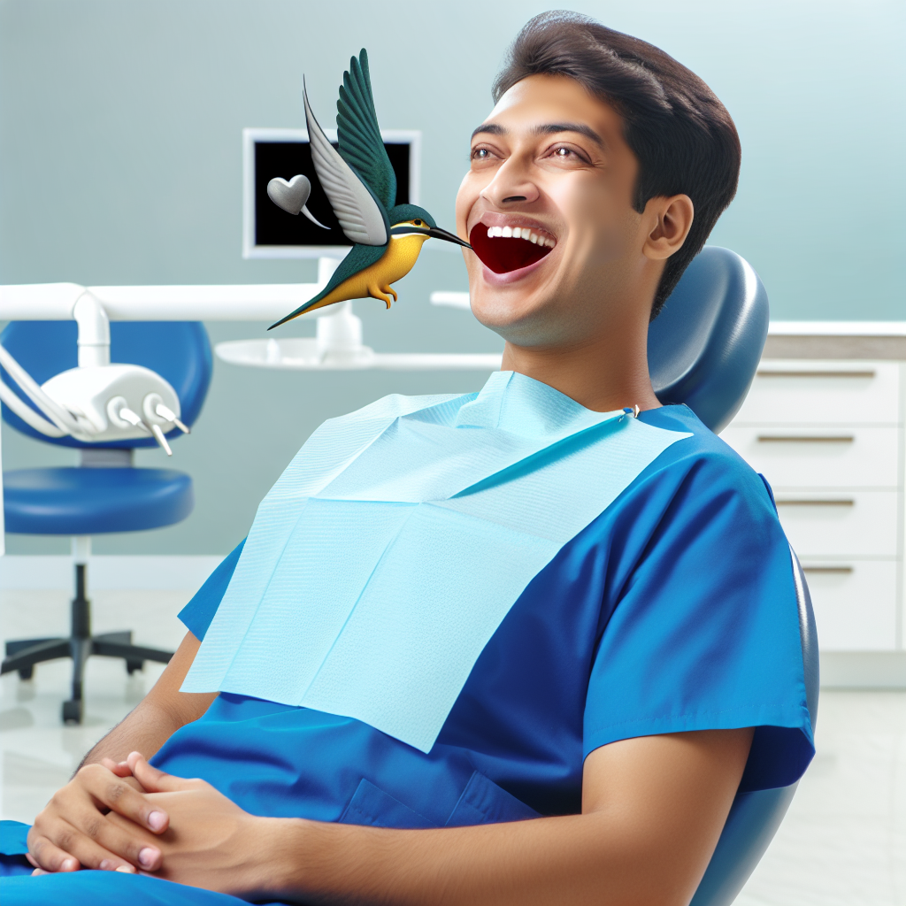 Na obrazie widać uśmiechniętego pacjenta w fotelu stomatologicznym, z którego wyleci ptak symbolizujący bezbolesne i atraumantyczne usuwanie zębów.