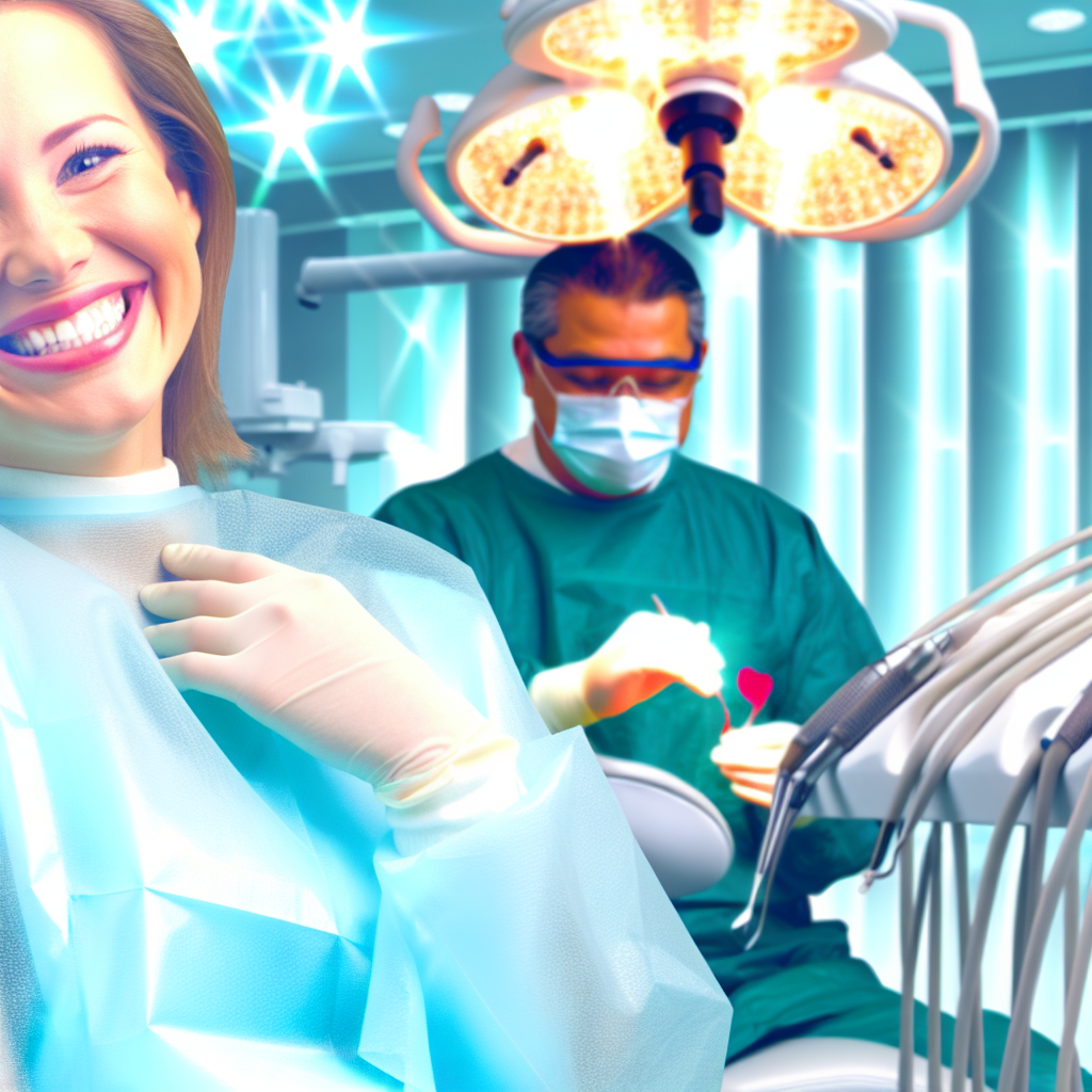 Na obrazie widzimy uśmiechniętego pacjenta, oczekującego bezbolesnego usuwania zęba przez profesjonalnego dentystę.